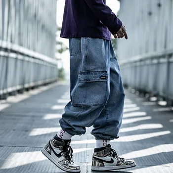 11 BYBB TAMSU Hip-Hop Krovinių Džinsinio audinio Kelnės Vyrams Prarasti Baggy Vintage Džinsai Elastinga Juosmens Roko Juostelę Ziajać Streetwear WX015