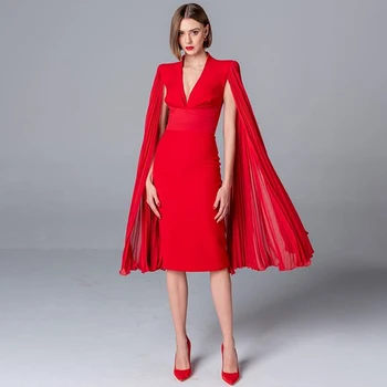2020 M. Žiemos Moterų Sexy Nėrinių Akių Medvilnės Apsiaustu Rankovėmis Raudona Midi Suknelė Elegantiškas Ponios Kalėdos Dizaineris Bodycon Šalis Suknelė Vestido
