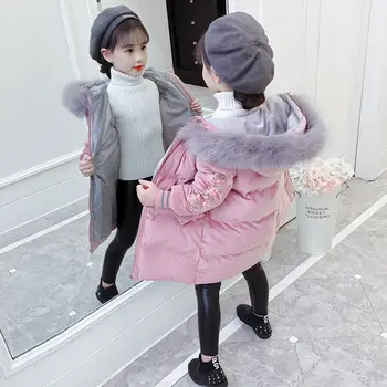 2020 m. žiemos naujas mergaičių medvilnės-paminkštintas drabužius 4-13 metų korėjos mergaičių žemyn striukės Aukso aksomo audinys didelis kailių apykaklės gaubtu