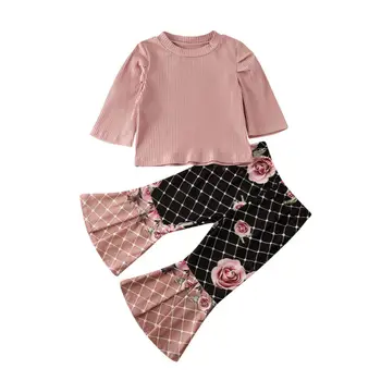 2020 Naują Pavasario 1-4Years Bamblys Baby Girl Drabužiai Pynimas Long Sleeve Top Marškinėliai, Kelnės Kelnės Rudens Komplektai Rinkinys