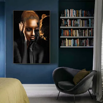 Afrikos Meno Moteris Juodojo Aukso Nuogas Naftos Tapyba ant Drobės Cuadros Plakatai ir Spausdina Skandinavijos Sienos Nuotrauka už Kambarį