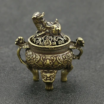 Antikvariniai Žalvaris Trijų Kojų Qilin Galvos Censer Degiklis Mini Papuošalai Kinijos Senovės Žvėrys Censer Padengti Kieta Vario Arbatos Stalo Dekoras