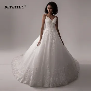 BEPEITHY-line Nėrinių Vestuvių Suknelės Moterims V Kaklo Spagečiai Dirželiai Vestuvinės Suknelės Rankovių Seksualus Oganza Vestuvių Suknelė 2020 m.
