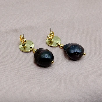 Black pearl auskarai, baroko gamtos perlai, ponios aukso auskarai, derliaus apvalūs auskarai, mados perlų papuošalai