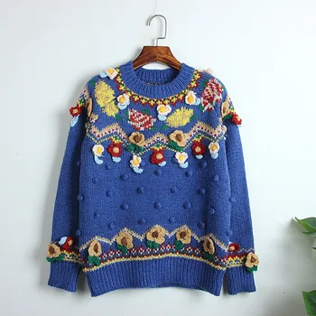 Derliaus O kaklo gėlių Megztinis Rudenį, Žiemą Megzti megztinis Megztinis gėlių trikotažas