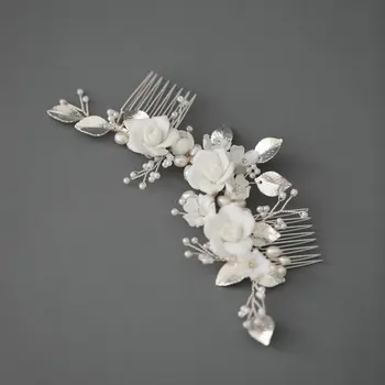 Elegantiška Baltos Keramikos Gėlių Nuotakos Plaukų Šukos Apdangalai, Graži Rožė, Nuotakos Vestuvių Tiara Plaukų Aksesuarai