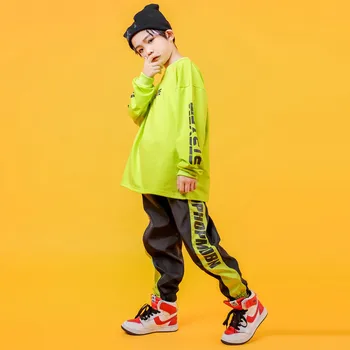 Hip-Hop Šokio Kostiumai Vaikams Fluorescencinė Žalia Megztinis Kelnės Džiazo Scenoje Šokių Dėvėti Nustatyti Berniukų Streetwear Rodyti Drabužiai