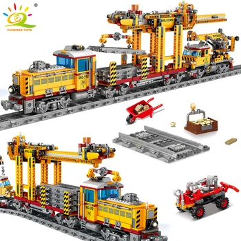 HUIQIBAO 1270pcs Miesto Krovininio Traukinio Geležinkelio Konteinerių Blokai Techninius Elektros Baterija Kelio Plytos Vaikų Žaislai