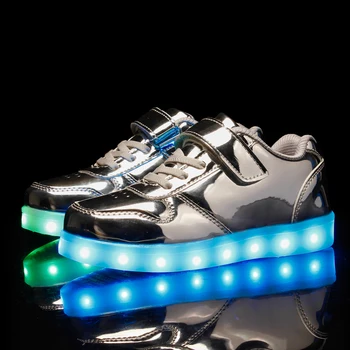 IGxx LED Šviesos Iki Batai LED Vaikams Hook&Loop USB Įkrovimo Žėrintis LED Merginos Batai Vaikas Šviesos Sneaker PU Bamblys Sidabrinė