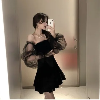 Juoda Retro Suknelė Moterims Rudenį Nėriniais, Šifono Retro Mini Suknelė Moterų Hepburn High Street Seksualus korėjos One-piece Suknelė Moterims 2020 m.