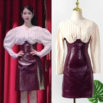 Kpop IU Lee Ji Eun Vakare šalies mados Temperamentas dryžuotas V-kaklo marškinėliai topai + sexy slim PU mini Sijonai moterims Dviejų dalių komplektas