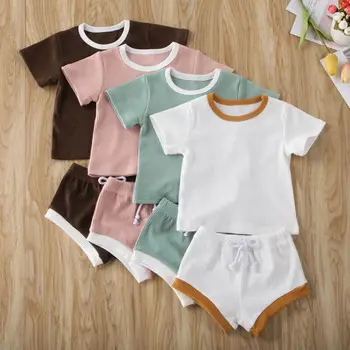 Kūdikių Vasaros Drabužių Kūdikiams Baby Girl Berniuko Drabužius trumpomis Rankovėmis Viršūnes, T-marškinėliai+Šortai, Kelnės Briaunoti Kietas Komplektai 0-3T