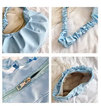 Mados Baby Blue Moterų Pečių Krepšiai Nailono Ruched Ponios Hobos Rankinės Kelionės Didelės Talpos Moterų Nešti Pirkinių Krepšys