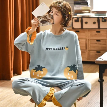 Moterų Megzti Medvilnės Pajama Komplektai Žiemos Pijama Moterų Ilgomis Rankovėmis Visą Kelnės Dviejų Dalių Pyjama Laišką Apatinis Trikotažas Naktį Sleepwear