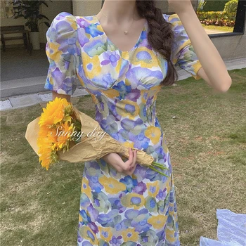 Moterų Šifono Suknelė Korėja Elegantiškas Gėlių Suknelės Moteris, V-Kaklo Derliaus Spausdinimo Vestido
