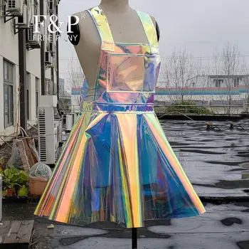 Plius Dydis Drabužių 11 spalvų Vaivorykštė Holografinis PVC Bendras Suknelės Moterims Rave Drabužių Komplektus Čiuožėjas Ratas Suknelė