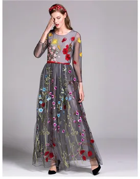 Prabangūs Naujos Pavasario Atvykimo Moterų, O Kaklo, ilgomis Rankovėmis, Siuvinėjimo Sluoksniuotos Gėlių Maxi kilimo ir tūpimo Tako Suknelės 3 Spalvų