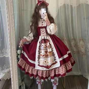QWEEK Kalėdų Lolita Dress Kawaii Moterys Naujųjų Metų 2021 Saldus Nėrinių Pynimas Kratinys Sluoksniuotos ilgomis Rankovėmis Raudona Suknelė Princesė Pledas