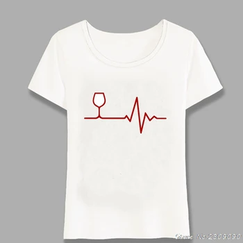 Raudonas Vynas Gyvenimo EKG Print T-Shirt Mada Moterims T-shirt Juokinga EKG Dizaino Mergina Viršūnes Mielas Moteris Tee Hip-Hop Trumpas Rankovės Harajuku