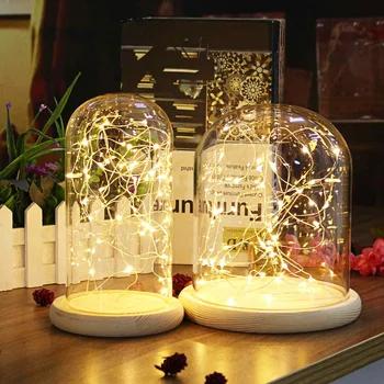 Stiklo Kupolas Bell Jar Cloche Ekranas Mediniais 20 LED Pasakų Styginių Šviesos Namų Dekoro Miegamojo, Stalo, Naktį Šviesos Kalėdų Dovana