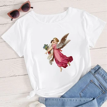 Vasaros Drabužių Moterims marškinėliai Cute Little Angel Spausdinimo Estetinės Mados Marškinėliai Ropa Mujer trumpomis rankovėmis Viršūnes Pigūs Marškinėlius