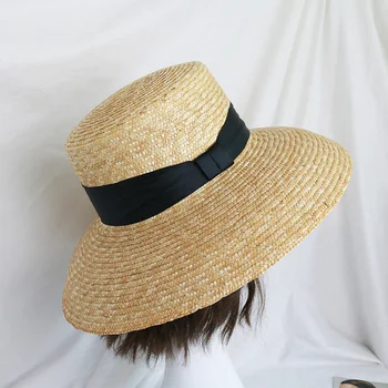 Vasarą butas šiaudų skrybėlę su dideliais kraštų lady šiaudų juostelės laivapriekio prancūzijos šviesą paplūdimio mados gegužinė saulės skrybėlę