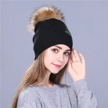 Xthree Moterų žiemos skrybėlę megzti beanie skrybėlių moterų Blizgučiai siuvinėjimas tikro kailio pom pom vilnos skrybėlę Skullie merginos gorro bžūp