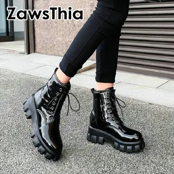 ZawsThia balta juoda patentų PU oda platforma moteris batai pleištai nėrinių motociklo batai moterims, batai didelis dydis 44 45 46