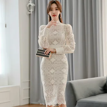 2020 Korėja Stovėti ant Kaklo Balta Nėrinių Suknelės, Moterų Ilgas Rankovėmis Aukštos Juosmens Pieštuku Bodycon Kelio Ilgis Seksualus Šalies Vestidos