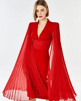 2020 M. Žiemos Moterų Sexy Nėrinių Akių Medvilnės Apsiaustu Rankovėmis Raudona Midi Suknelė Elegantiškas Ponios Kalėdos Dizaineris Bodycon Šalis Suknelė Vestido