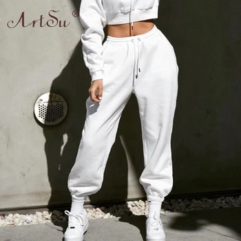 ArtSu Poilsiu Moterų Vientisos Spalvos Prarasti Sweatpants 2020 Nauja Rudens Žiemos Atsitiktinis Hip-Hop Ilgas Kelnes Streetwear Balta Ruda