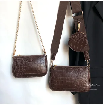Derliaus Krokodilas moterų pečių maišą prabangos dizaineris platus dirželis Crossbody maišelį grandinės Kilpos maišas pu odos ponios 3 maišelį nustatyti piniginės
