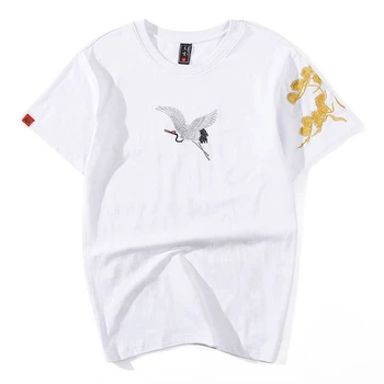 Lyprerazy Siuvinėjimo Raudona-vainikavo kranas Hip-hop marškinėliai trumpomis Rankovėmis Medvilnės marškinėliai Harajuku Streetwear Kinijos Tee Viršūnės