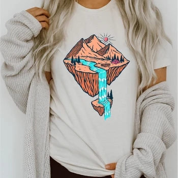Moterų Grafinis Miško Kalnų Atsitiktinis 90-ųjų Pavasario Vasaros Spausdinimo Lady Drabužius Viršūnes Drabužių Tees Spausdinti Moterų Marškinėlius (T-Shirt