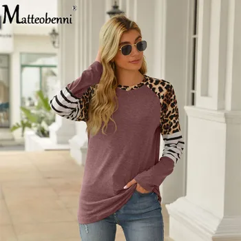 Nauja Rudens Viršuje Moterų Ilgas Rankovėmis Marškinėliai 2021 Dryžuotas Viršūnes Tee Moterų Leopard susiuvimo Tees Mados Prarasti Viršuje Lady T-shirt 2XL