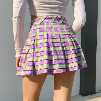 Preppy Violetinė Pleasted Sijonas Mini Linijos Streetwear Japonų Stiliaus High Waisted Pledas Sijonas Moterims Seksualus Trumpas Teniso Sijonai Jauni