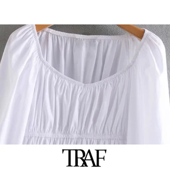 TRAF Moterų Saldus Mados Susiėmę Baltos Palaidinės Derlius V-Kaklo, ilgomis Rankovėmis Moteriška Marškinėliai Blusas Prašmatnus Viršūnės