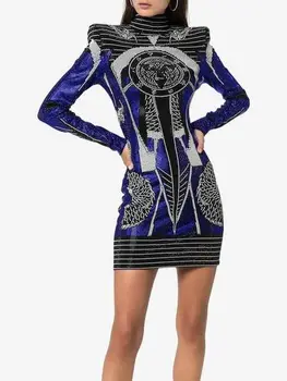 Tvarstis Suknelė Aukščiausios Kokybės Ilgomis Rankovėmis Mėlyna Žakardo Seksualus Kokteilis Žiemos Dress Bodycon
