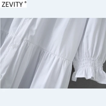 Zevity Naujas 2021 Moterų Pasukite Žemyn Apykaklės Klostes Balti Marškinėliai Suknelė, Prašmatnus Sluoksniuotos Rankovėmis Office Lady Vestido Verslo Mini Suknelė DS4981