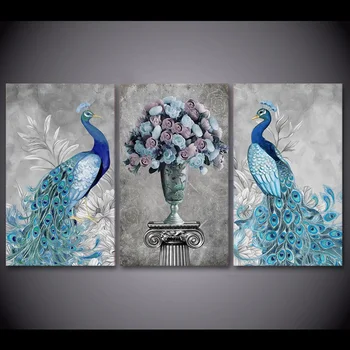 Šiuolaikinės Tapybos Drobės Rėmo HD Atspausdintas Sienos Meno paveikslas 3 Gabalus Gyvūnų Elegantiškas Peacock Blue Rose Gėlių Plakatas Kambaryje Namų Dekoro