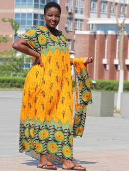 2019 Naujas Mados Geltona Spalvinga Spausdinti Šalis Medvilnės Afrikos Dashiki Suknelė