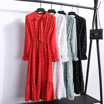 2020 M. Pavasario Rudens Atsitiktinis Šifono Marškinėliai Darbo Pareigas, Pledas Vintage Suknelė Moterims Polka Dot Raudona Gėlių Midi Vestidos Moterų Plius Dydis