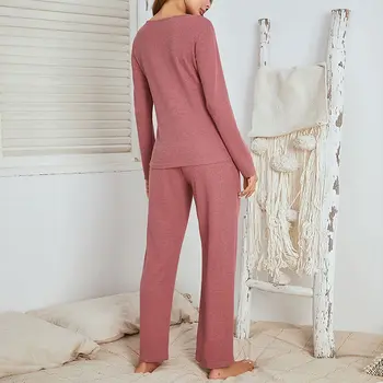 2020 m. Rudenį Naujų Ponios Pižama Nustatyti Komfortą vientisos Spalvos Moterims Seksualus V-Kaklo Homewear 2vnt ilgomis Rankovėmis+Kelnės Laisvalaikio Drabužiai Moterims Nustatyti