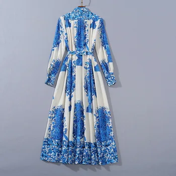 Europos ir Amerikos moterų drabužiai 2020 m. žiemos naujo stiliaus ilgomis rankovėmis atvartas, nėriniai-up Mados blue print suknelė