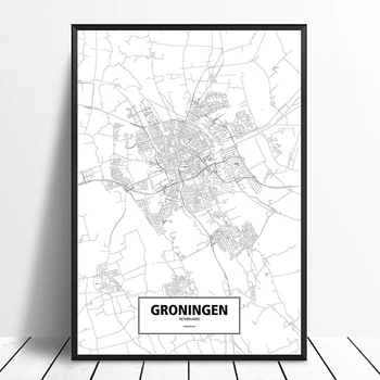 Groningene, Nyderlanduose Juoda Balta Užsakymą Pasaulio Miesto Žemėlapį Plakatas Drobė Spausdinti Šiaurės Stiliaus Sienos Menas Namų Dekoro