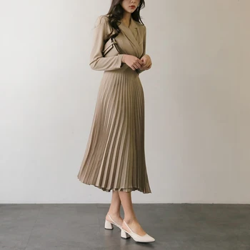 Korėjiečių Moterų Aprangos Drabužių 2020 M. Rudenį Dizaineris ilgomis Rankovėmis Plisuotos Suknelė Mados Įpjovomis Apykaklės Lankas Ilgas Švarkas suknelė