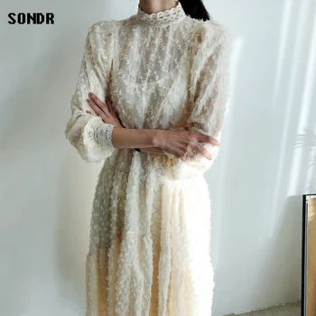 Korėjos vientisas Elegantiškas Nėrinių Apvalios Kaklo Ponios Suknelė 2021 M. Pavasarį, Rudenį Naujų Moterų Suknelės-Line Maxi Suknelė Vestido De Mulher