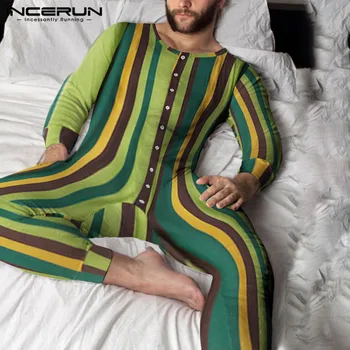 Mados Vyrų Jumpsuit Dryžuota Pižama ilgomis Rankovėmis Mygtuką Fitneso Patogus Rompers Homewear Mens Patogus Sleepwear INCERUN