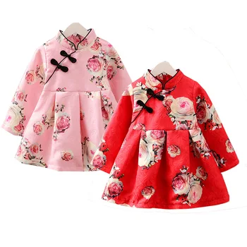 Mergina Dress 2019 M. Pavasarį Naujas Baby Girl Gėlių Spausdinti Princesė Suknelės Vaikai Šalis Drabužiai Vaikams Mergaitėms Cheongsam Suknelė 2-6 Metai