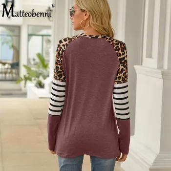 Nauja Rudens Viršuje Moterų Ilgas Rankovėmis Marškinėliai 2021 Dryžuotas Viršūnes Tee Moterų Leopard susiuvimo Tees Mados Prarasti Viršuje Lady T-shirt 2XL